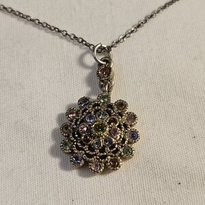 Vintage Floral Multicolor Stone Silver Toned Necklace 15 Inches